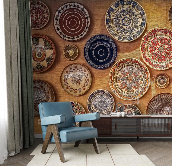 Vintage Ceramic Plate Wallpaper, Colorful Decorative Dish Wall Mural, Mediterranean Pottery Pattern, Antique Kitchen Wall Art