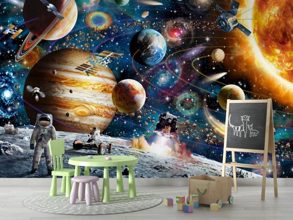Astronaut and Planets Wallpaper, Space Wall Mural for Kids Room, Space Themed Wallpapers, Traditional and Peel and Stick Wallpaper