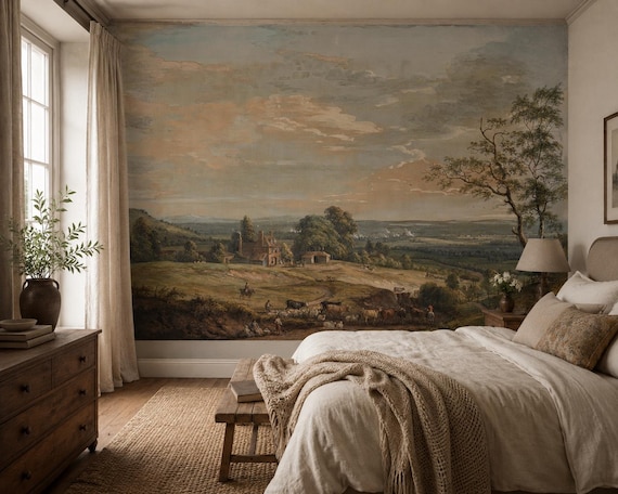 Vintage Tree and Hill Wallpaper - English Rural Scene Wall Mural, Peel and Stick