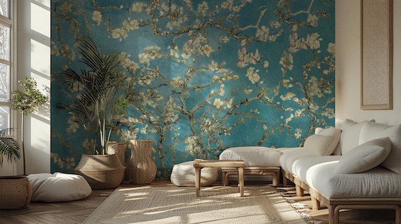Van Gogh Almond Blossom Wallpaper -  Teal Blue Floral Botanical Peel and Stick Wall Mural