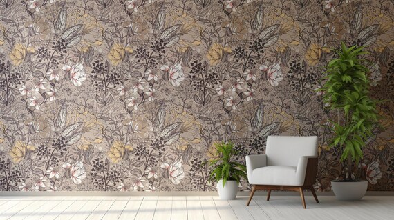Vintage  Beige Garden Flowers Wallpaper, Nature-Inspired Wall Mural, Traditional and Peel and Stick Wallpaper