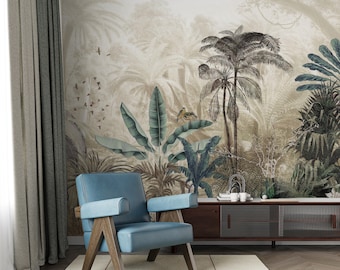 Papel pintado autoadhesivo de selva tropical: Mural de animales de la selva tropical