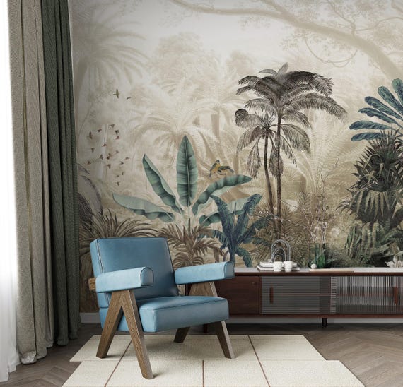 Tropical Jungle Peel and Stick Wallpaper, Exotic Rainforest Animals Mural, Lush Palm Trees Wall Decor, Botanical Nature Theme Wall Art