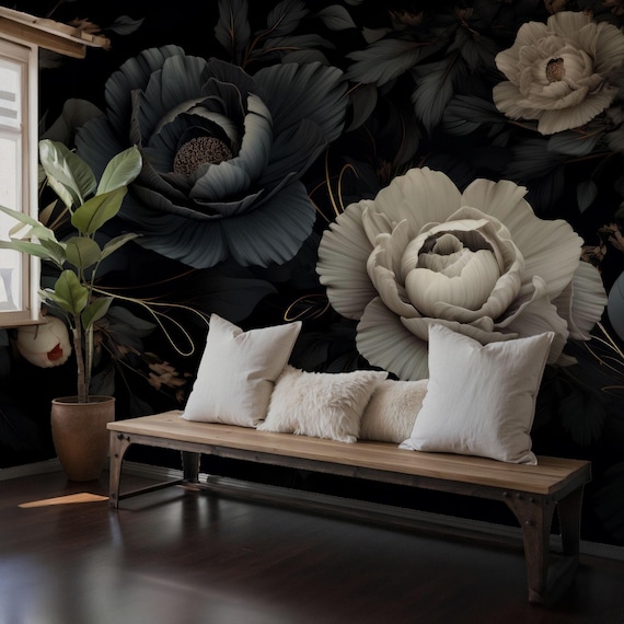 Dark Floral Peony Wallpaper: Beige, Black & Gold Peel and Stick Mural