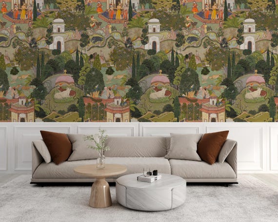 Indian Wallpaper, Lush Jaipur Garden Wallpaper Mural, Traditional and Peel and Stick Wallpaper