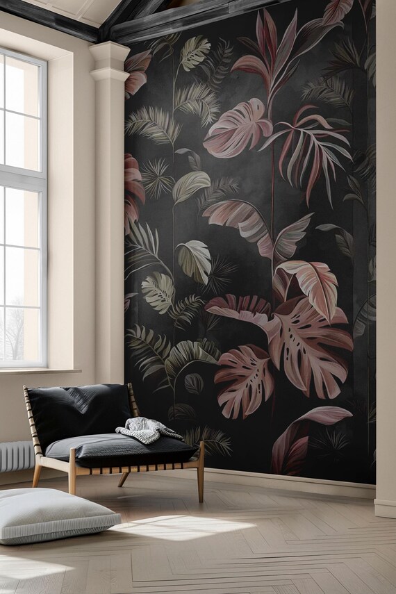 Dark Tropical Botanical Wallpaper Mural with Monstera and Palm Leaves in Earthy Rose and Olive Tones, Moody Jungle Wall Art