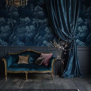 Op de afbeelding: Een luxueuze woonkamer met een teal fluwelen bank met gouden details en sierkussens. De kamer heeft donkerblauwe muren met een behang met boompatroon en een bijpassend teal gordijn. Een kristallen kroonluchter hangt aan het plafond.