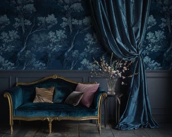 Dunkelblau Wald Tapete - Midnight Vintage Toile Baum Muster Schälen und Aufkleben Wandbild