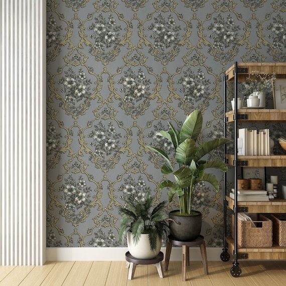 Gray and Gold Baroque Floral Vintage Wallpaper, Classic Ornate Damask Wall Mural, Vintage Flower Pattern for Elegant Home Decor