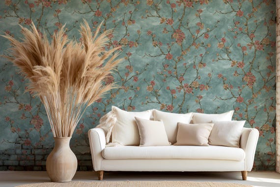 Cherry Blossom Branch Wallpaper | Asian Botanical Chinoiserie Peel and Stick Wall Mural