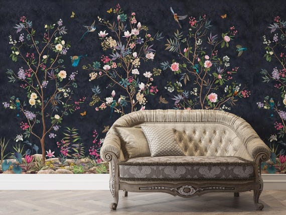 Dark Chinoiserie Wallpaper - Vintage Floral Garden Bird Wall Mural,  Peel and Stick or Traditional