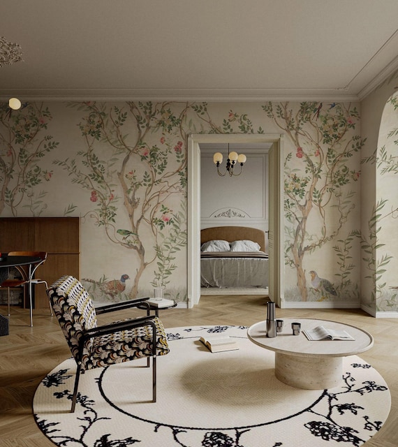 Chinoiserie Wallpaper with Birds and Floral Vines, Vintage Style Botanical Mural, Traditional and Peel and Stick Wallpaper