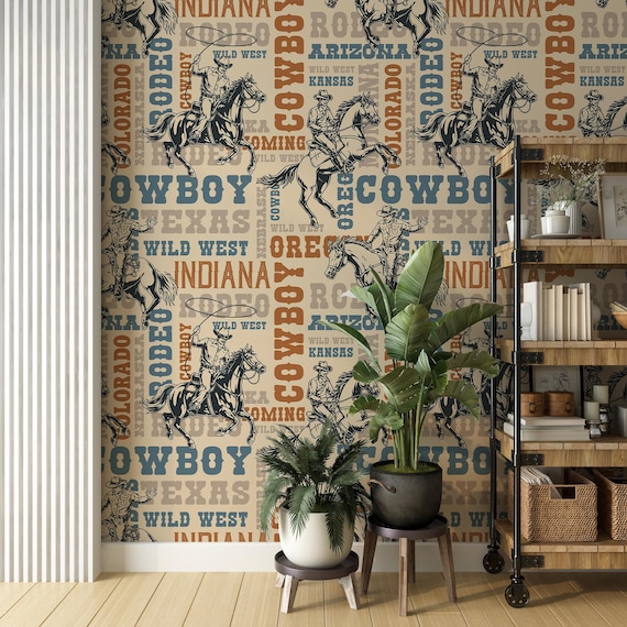 Wild West Cowboy Wallpaper, Rodeo Horse Riding Wall Mural, Vintage Western Typography Wall Art, Rustic Western Home Decor