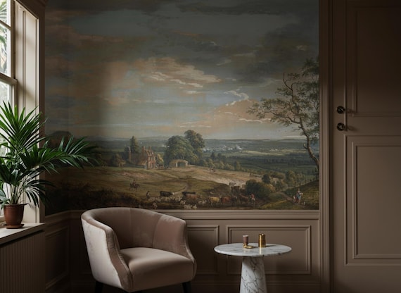 Vintage English Village Wallpaper, Scenic Landscape Wall Art, Peel and Stick