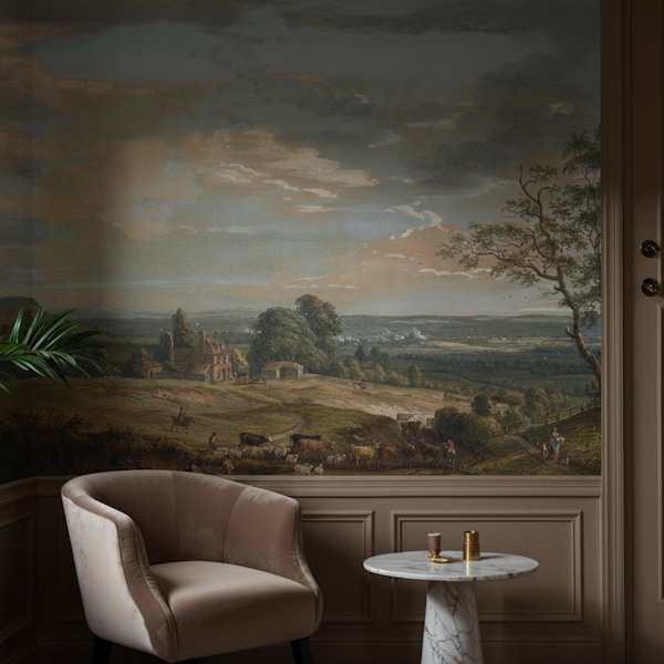 Vintage English Village Wallpaper, Scenic Landscape Wall Art, Peel and Stick