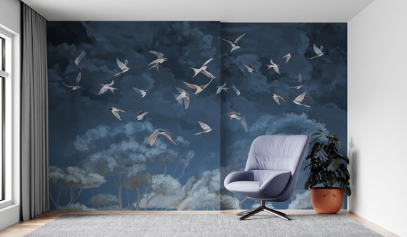 Night Sky Clouds and Birds in Flight Wallpaper, Trees and Sky in Pastel Style, Traditional and Peel and Stick Wallpaper