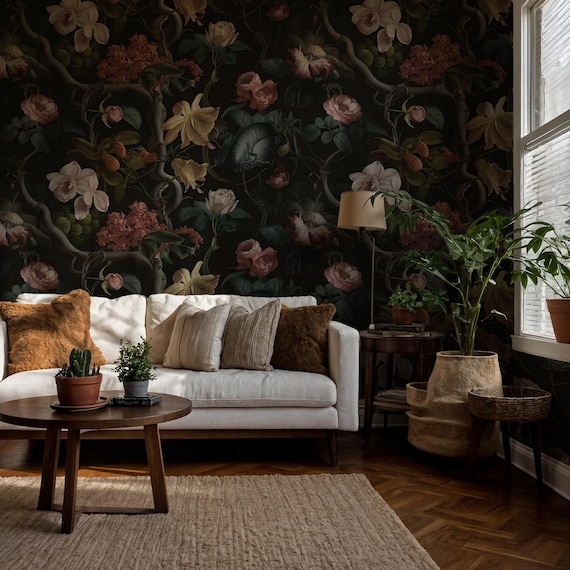 Dark Floral Vintage Wallpaper - Roses Orchids Lilies Botanical Traditional and Peel & Stick Wall Mural