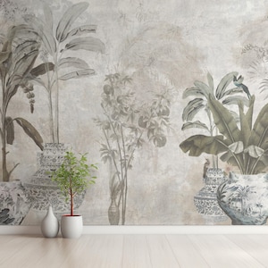 Carta da parati con vasi cinesi e piante tropicali, murale botanico vintage, carta da parati con foglie di banana tropicali, carta da parati tradizionale e stacca e attacca