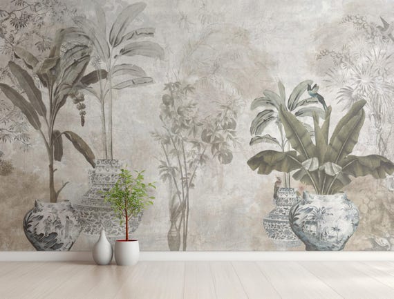 Chinese Vases Tropical Plants Wallpaper, Vintage Botanical Mural, Tropical Banana Leaf Wallpaper, Traditional and Peel and Stick Wallpaper