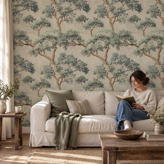 Japanese Tree Wall Mural - Sage Green Botanical Wallpaper, Greige Nature Peel and Stick