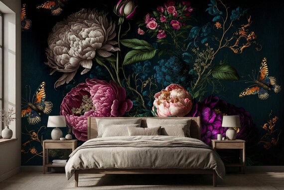 Dark Floral Peony Wallpaper - Moody Vintage Botanical Peel & Stick Wall Mural