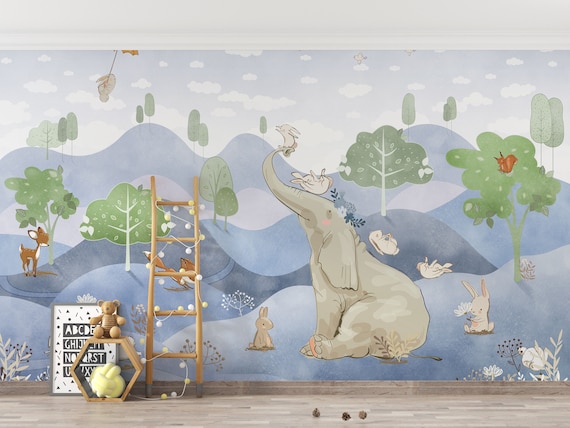 Elephant and Bunnies Kids Room Wallpaper, Journey to a Fairytale World,  Traditional and Peel and Stick Wallpaper