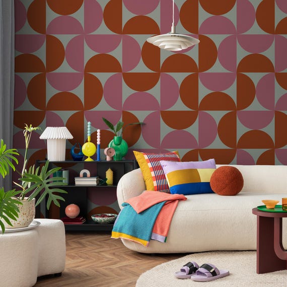 Retro Geometric Wallpaper, Pink and Orange Abstract Pattern, Mid Century Modern Wall Mural, Vintage Aesthetic Wall Decor, Minimalist Pattern