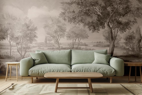 Serene Elegant Countryside Wallpaper, Vintage Sepia Landscape Wall Mural, Classic Nature Painting