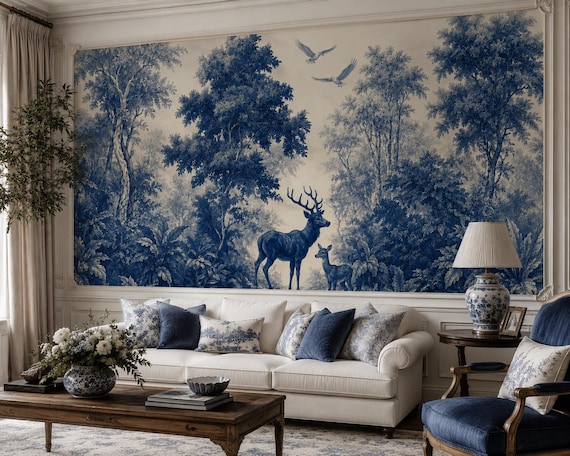 Blue Deer Forest Wallpaper - Vintage Toile de Jouy Woodland Wall Mural