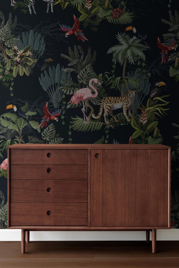 Tropical Jungle Animal Wallpaper Mural Featuring Flamingos, Parrots, Toucans, Zebra, Leopard – Exotic Botanical Leaves Home Wall Decor