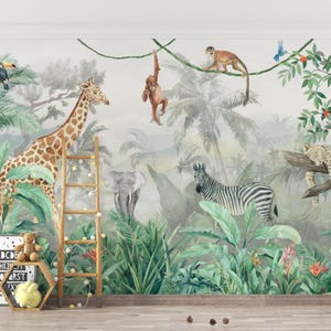 Safari Dschungel Tapete Wandbild - Aquarell Wandbild für Kinderzimmer - Giraffe, Elefant, Affe & Dschungel Laub - Kinderzimmer, Spielzimmer Dekor