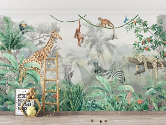 Safari Jungle Animal Wallpaper Mural – Watercolor Kids Room Wall Art – Giraffe, Elephant, Monkey & Jungle Foliage – Nursery, Playroom Decor