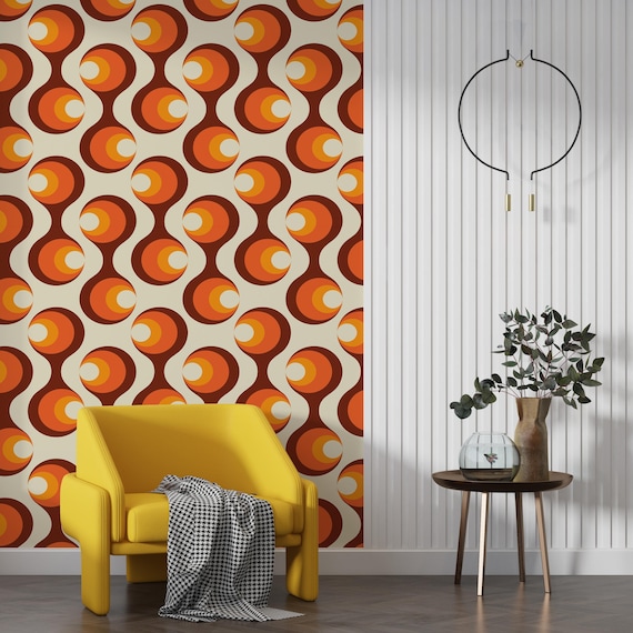 Retro 70s Orange Wallpaper, Funky Mid Century Modern Wall Mural, Vintage Geometric Pattern Design, Groovy Mod Style Wall Decor