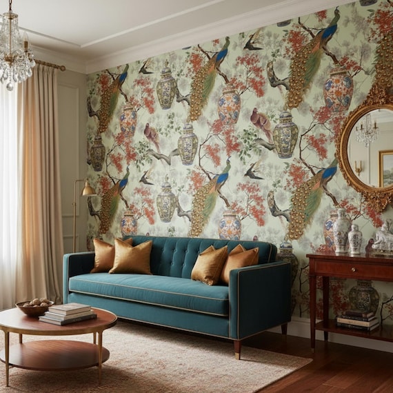 Chinoiserie Peacock Wallpaper - The Elegance of a Quiet Garden, Oriental Vases and Red Maple Branches Wallpaper