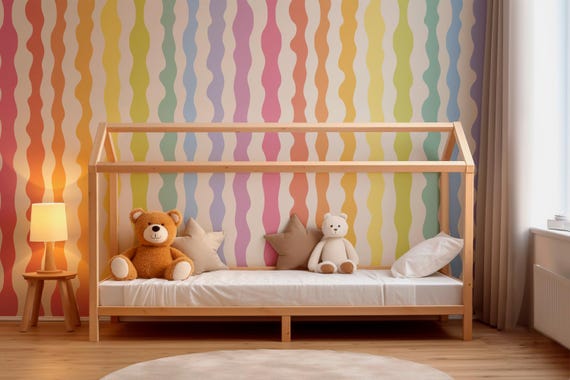 Pastel Rainbow Striped Wallpaper, Children's Room Colorful Geometric Lines, Traditional and Peel and Stick Wallpaper