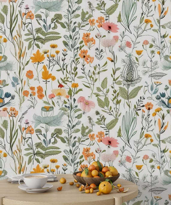Wildflower Garden Wallpaper Mural: Boho Cottagecore Floral Wall Decor