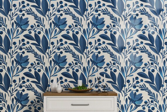 Blue Large Floral Wallpaper, Paper Textured Flower Pattern, Traditional and Peel and Stick Wallpaper