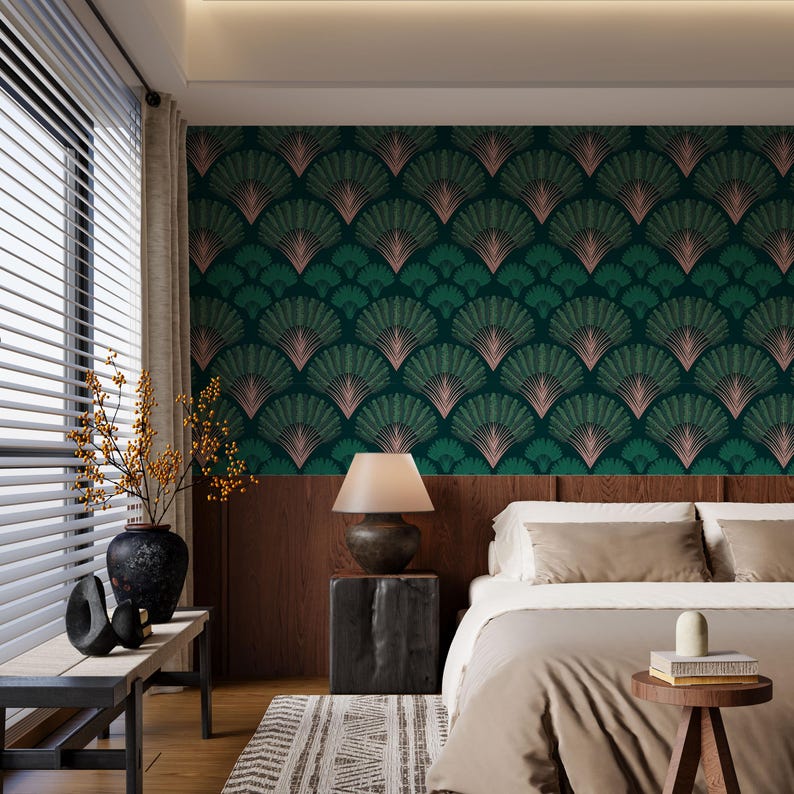 Art Deco Palm Leaf Wallpaper Mural: Dark Green Tropical Wall Decor - Etsy