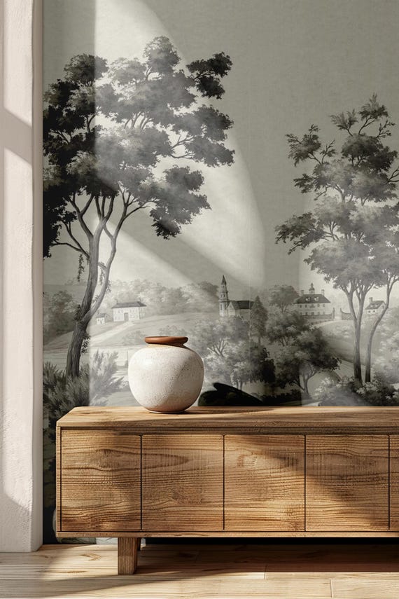Grayscale Countryside Cottage Landscape Wallpaper, Trees River and Village Scene Nature Wallpaper, Classic Vintage Style Wall Decor