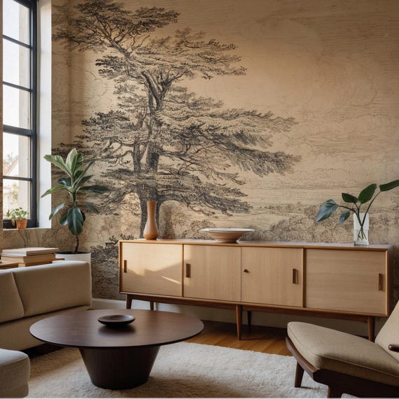 Lebanese Cedar Tree Wall Mural, Large Trees Countryside Vintage Wallpaper, Traditional and Peel and Stick Wallpaper