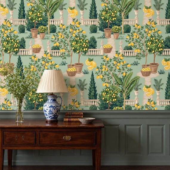 Italian Lemon Garden Wallpaper | Sage Green Citrus Mural, Vintage Kitchen Decor, Peel and Stick