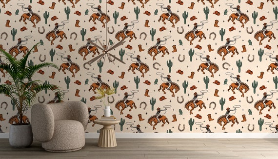 Wild West Rodeo Cowboy Peel and Stick Wallpaper - Rustic Desert Vibes for your Space, Traditional and Peel and Stick Wallpaper