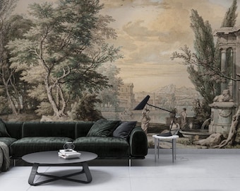 Vintage European Landscape Wallpaper: Ancient Architecture Peel and Stick