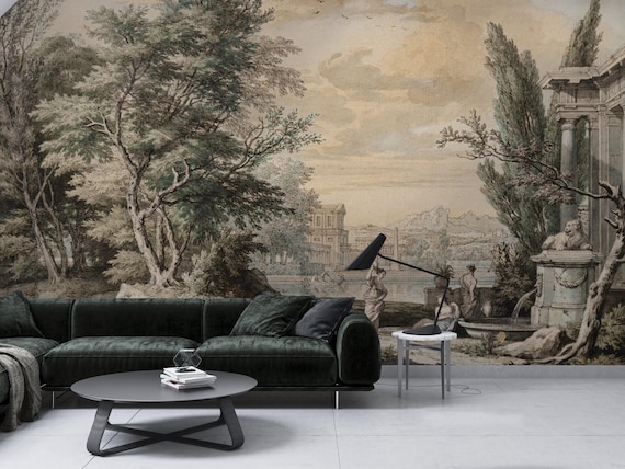 Classical Landscape Wallpaper, Ancient Architecture And Figures, Vintage European Scene Wall Art, Premium Peel and Stick