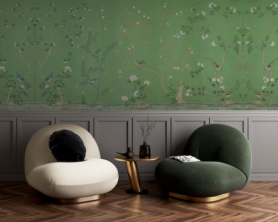 Chinoiserie Floral Wall Art, Chinoiserie Wallpaper, Chinese Garden and Birds Wallpaper, Traditional and Peel and Stick Wallpaper