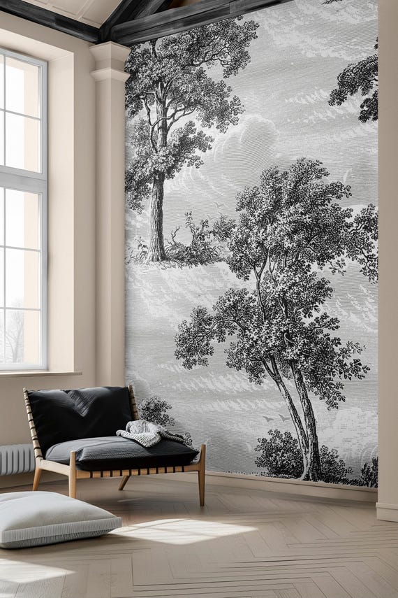 Black and White Forest Wallpaper - Engraving Woodland Wallpaper, Toile de Jouy Tree Wall Mural
