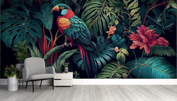 Exotic Birds and Flowers Wallpaper, Tropical Leaves and Parrots, Traditional and Peel and Stick Wallpaper