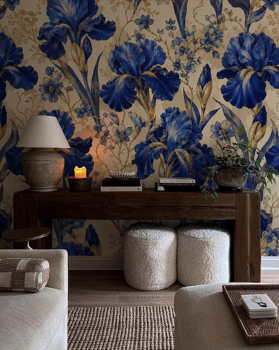 Blue Iris Floral Wallpaper - Elegant Botanical Home Wall Decor, Peel and Stick or Traditional