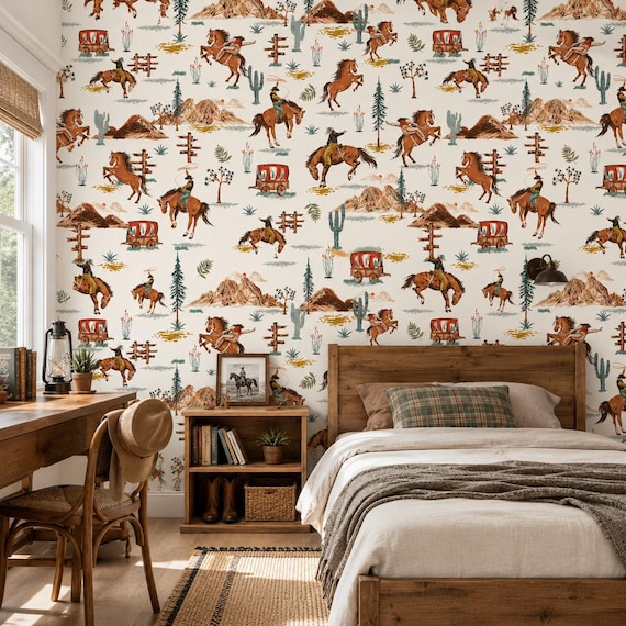 Wild West Cowboy Wallpaper: Western Cactus Decor, Peel & Stick