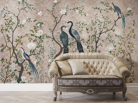 Chinoiserie Bird and Blossom Wallpaper Mural, Vintage Floral Tree Wall Art with Exotic Birds and Butterflies, Elegant Botanical Decor